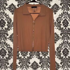 Tan Ribbed Zip-Up Cardigan